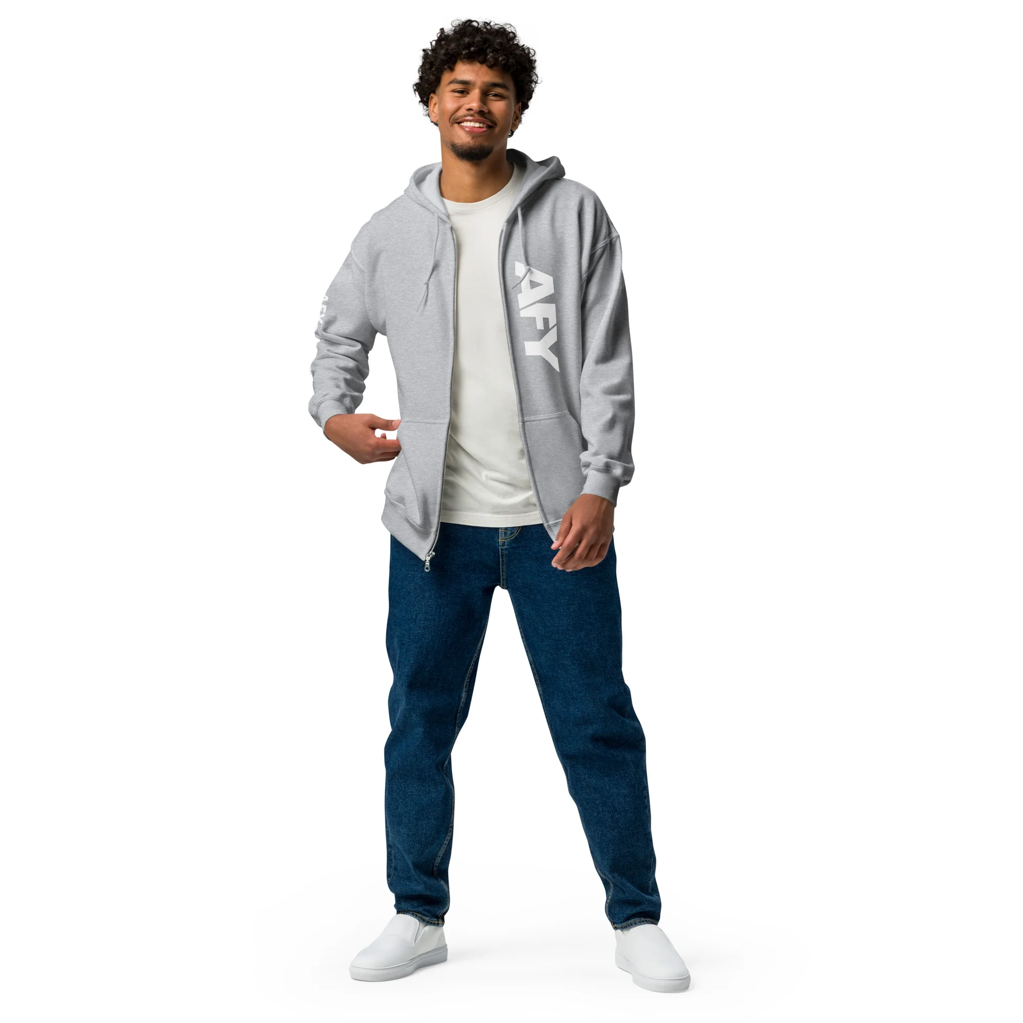 AFY Unisex Heavy Blend Zip Hoodie White Logo - Image 3